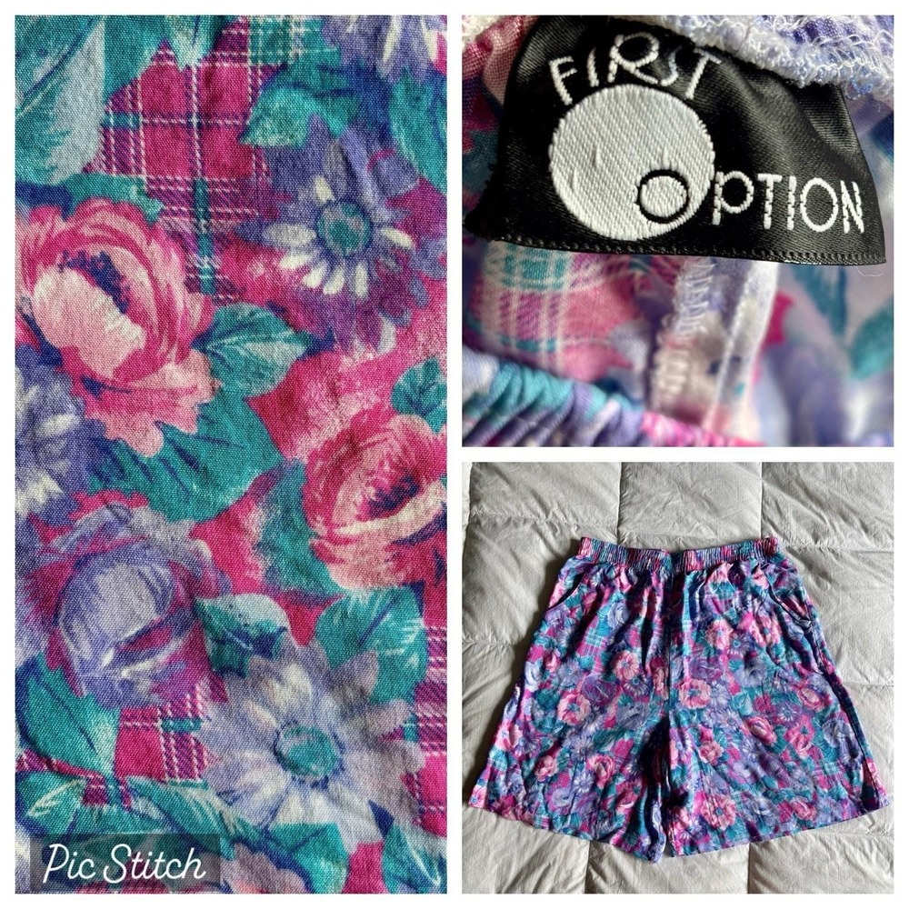 Vtg 80s First Option Rayon Shorts Womens L Dopamine Grannycore Coconut Girl EUC